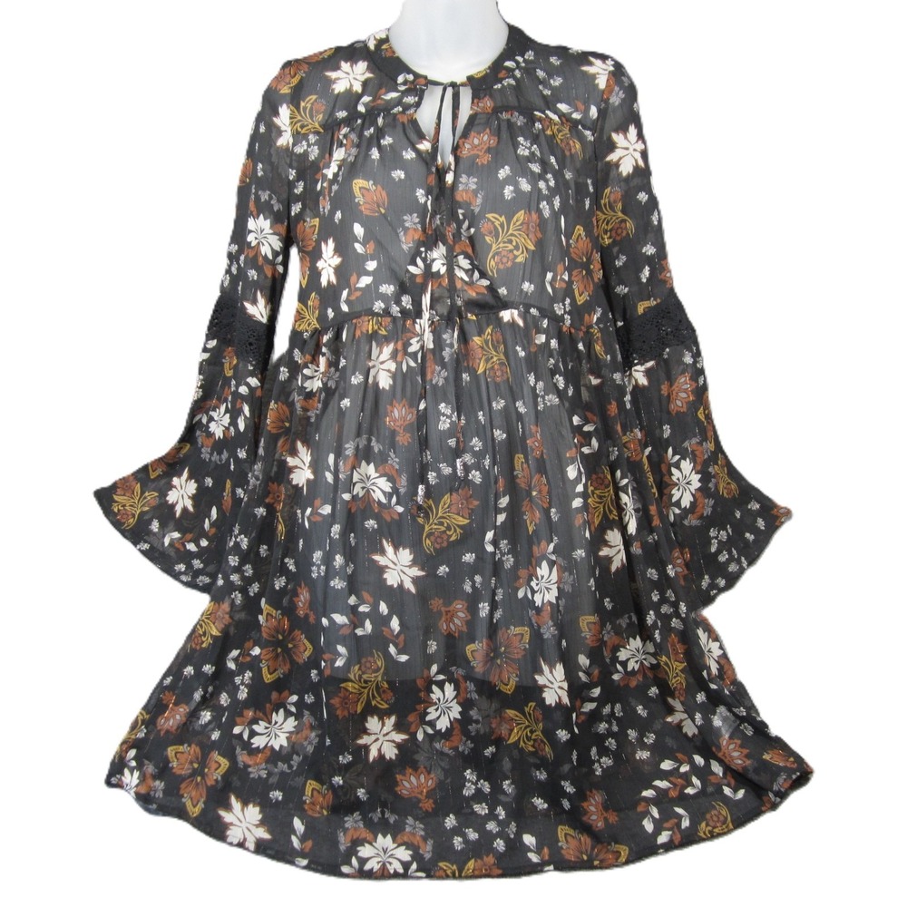 Knox Rose Tunic Top S Black Floral Bell Sleeve Tie Sheer Chiffon Boho Whimsigoth